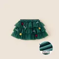 Jupe de Noël épaisse en tulle vert pour filles avec doublure pelucheuse et pompons - 80 / Jupe en Tulle Vert Seul (DQ25118)