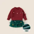 Pull de Noël rouge doublé polaire avec renne et ensemble jupe en tulle pour enfant - 90 / Tenue Rouge (DY58337A)