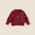 Pull de Noël en tricot rouge foncé pour filles avec broderies renne et bonhomme de neige - 90 / Pull Rouge Seul (DY58337)