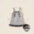 Abito bambina con paillettes argento, fodera in pile e fiocco di velluto per inverno - 160 / Set Vestito Due Pezzi in Pile (DQ65101A) / Grigio (Set Vestito)