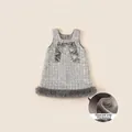 Abito grigio con paillettes per bambina con fiocco in velluto e fodera in pile - 160 / Abito con Paillettes in Pile (DQ65101) / Grigio
