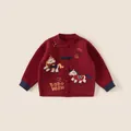 Rood gebreid kindervest met Chinese knopen en borduursel van een cartoonpaardje - 80 / Rood