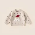 Cream knit sweater for girls featuring red snowflake patterns and a Christmas puppy patch - 80 / Tops / Beige Red