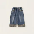 Jeans a gamba larga per bambine con patchwork leopardato e vita alta elastica - 80 / Blu Denim
