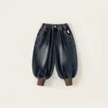 Dunkelblaue Jungen-Denim-Jogger mit elastischem Bund und braunen Rippstrickbündchen - 80 / Denim-Blau