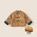 Quilted kids oriental winter jacket in golden floral print with green frog fasteners - Size 80 / Tops / Yellow Jacket (DY85264)