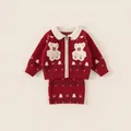 Girls red knit cardigan and skirt set featuring teddy bear and Christmas tree patterns - Top And Bottom (Skirt Set) / Red / 80