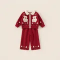 Festive red girls knit set with cute bear embroidery and white winter patterns - Top And Bottom (Pants Set) / Red / 130