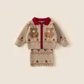 Girls knitted beige cardigan and skirt set with burgundy collar and 3D plush bears - Top And Bottom (Skirt Set) / Brown / 80