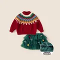 Girls festive Christmas outfit with Fair Isle knit sweater and green tulle tutu skirt - 80 / Top And Bottom / Red (DY25366B)