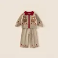 Kids' beige knit cardigan and pants set with red collar and plush bear patterns - Top And Bottom (Pants Set) / Brown / 80