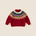 Red children's knitted sweater with Fair Isle jacquard pattern and white pom-pom accents - 80 / Red Sweater (DY25366)