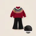 Girls red festive knit sweater and black fleece-lined flare pants two-piece outfit - 80 / Red Outfit (DY25366A)