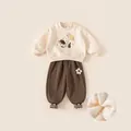Toddler girl warm fleece sweatshirt and brown pants set with cute dog print - 80 / Top And Bottom / Brown