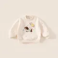 Off-white fleece-lined sweatshirt for girls with cute puppy and donut embroidery - 80 / Tops / Apricot
