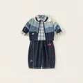 Three-piece boy outfit with plaid shirt, bear cardigan and embroidered jeans - 80 / Set / Blue