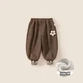 Brown corduroy fleece-lined winter trousers for girls with floral and heart accents - 80 / Coffee (Fleece Lined)