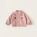 Pink faux leather kids jacket with cute cartoon dog embroidery and ribbed cuffs - 80 / Pink