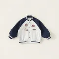 Kinder Baseball-Jacke in Marineblau und Grau mit Bärenstickerei und Knopfleiste vorne - Meliertes Grau / 80