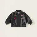 Kids black faux leather biker jacket with colorful cartoon patches and elastic hem - 80 / Black