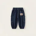 Pantaloni cargo in denim blu scuro per bambini con vita elastica e toppa da baseball - 80 (Cavallo Aperto) / Blu Denim Scuro