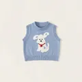 Gilet tricoté bleu clair pour fille avec motif mignon de chien blanc et col rouge - 80 / Bleu