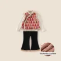Pink Chinese style kids vest set with floral print and warm faux fur trim lining - 80 / Off White