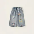 Pantaloni larghi in denim azzurro per bambina con applicazioni floreali ed elastico in vita - 80 / Pantaloni di Jeans Blu Chiaro Solo (Senza Camicia) (CK26189)