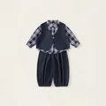 Completo tre pezzi bambino con camicia a quadri blu, gilet in denim e pantaloni jogger - 80 / Blu Denim Scuro