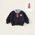 Navy blue boys' preppy sweatshirt with plaid collar and red necktie, faux two-piece style - 80 / Navy Blue