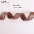 Red plaid Christmas faux linen ribbon with gold wired edges, 6.5cm wide for gift decor - Khaki (2m)