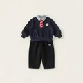 Boys academic navy sweatshirt with plaid collar, tie and black trousers two-piece set - Black (CY86010B) / 80