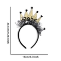 Golden 2025 New Year crown headband with black fuzzy pom-poms and silver sequins - New Year Headband / 2026 Crown Tinsel