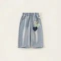 Girls' light blue wide-leg jeans with colorful heart patchwork and elastic waist - 80 / Bottoms / Light Denim Blue (Heart Style)