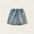 Girl's light blue denim shorts with floral embroidery and elastic high waistband - 80 / Bottoms / Denim Blue (Shorts)