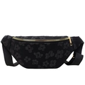 Floral embroidered black saddle bag with golden zippers and adjustable shoulder strap - Black