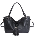 Klassische schwarze Tote-Bag aus PU-Leder mit Quaste und gewebten Stichdetails am Rand - Schwarz
