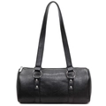 Classica borsa a cilindro in pelle cerata nera con tracolle ad anello argentato - Nero