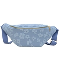 Light blue crossbody saddle bag with 3D floral embroidery and gold zipper hardware - Blue