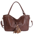 Dunkelbraune Retro PU-Leder Shopper Tasche mit Quasten und Webkante für Damen - Braun
