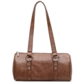 Borsa a cilindro vintage in pelle marrone con doppi spallacci e finiture metalliche - Marrone