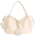 Schicke beige große Einkaufstasche mit Quastendetails und Webstruktur für Damen - Weiß