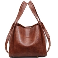 Retro caramel brown oil-wax leather tote bag with silver logo and gold rivets - Brown