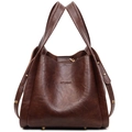 Vintage dark brown leather tote bag with embossed branding and gold rivet detailing - Coffee