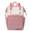 Pink and beige patchwork mummy backpack with star patches and large capacity storage - Pink