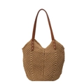 Bolso tote de paja tejido a mano en color marrón con asas de cuero PU marrón oscuro - Caqui