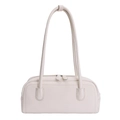 Minimalist beige bowling handbag with double zippers and long top handles in synthetic leather - White Without Pendant