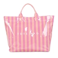 Pink and peach striped large capacity tote bag with glossy waterproof finish on white background - Rose Red