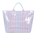 Pink and light blue vertical striped tote bag with glossy finish and Tote Bag text - Purple