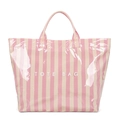 Pink and beige striped glossy tote bag with white TOTE BAG lettering on smooth PVC surface - Pink